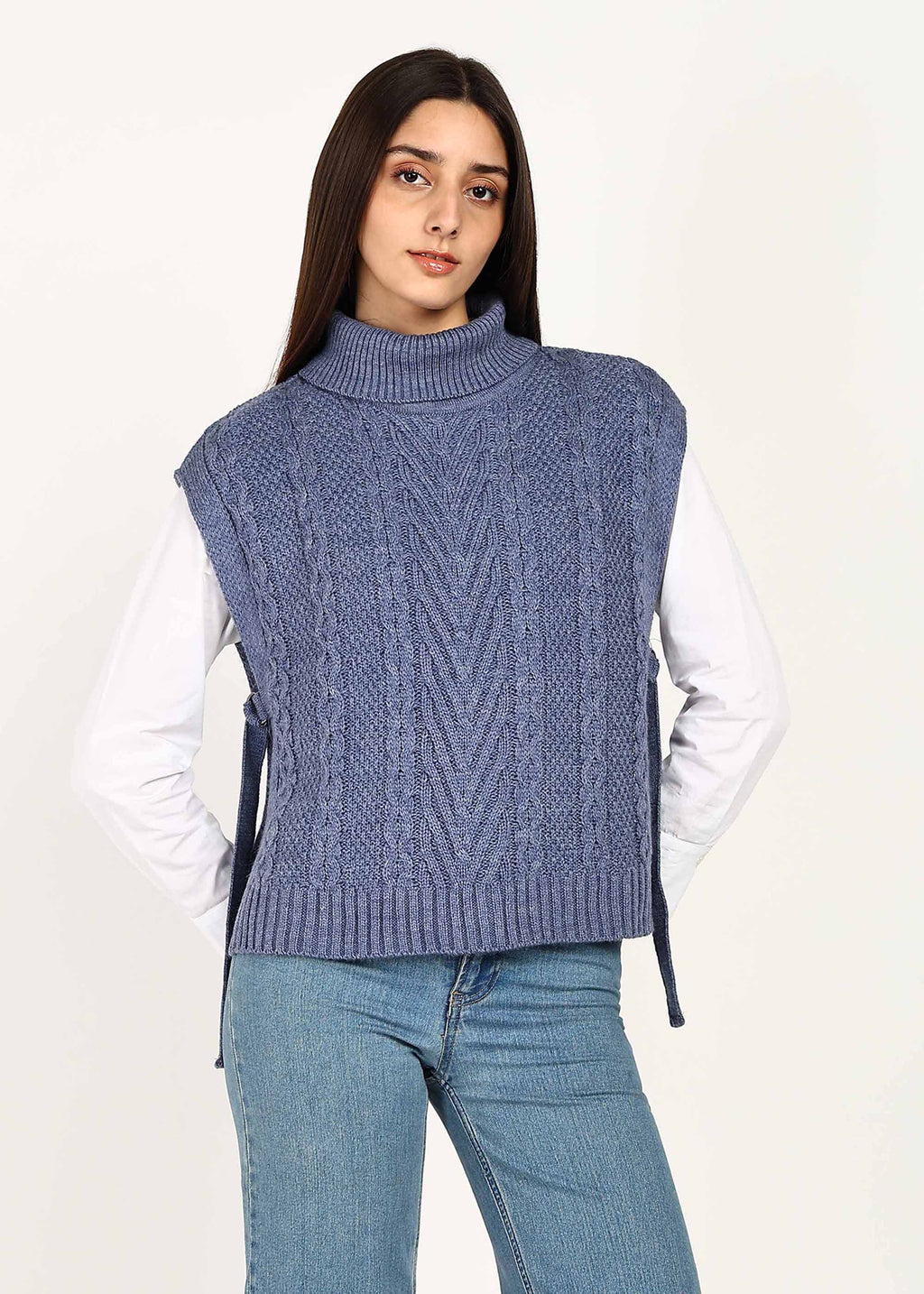 CABLE KNIT PONCHO - SKY BLUE