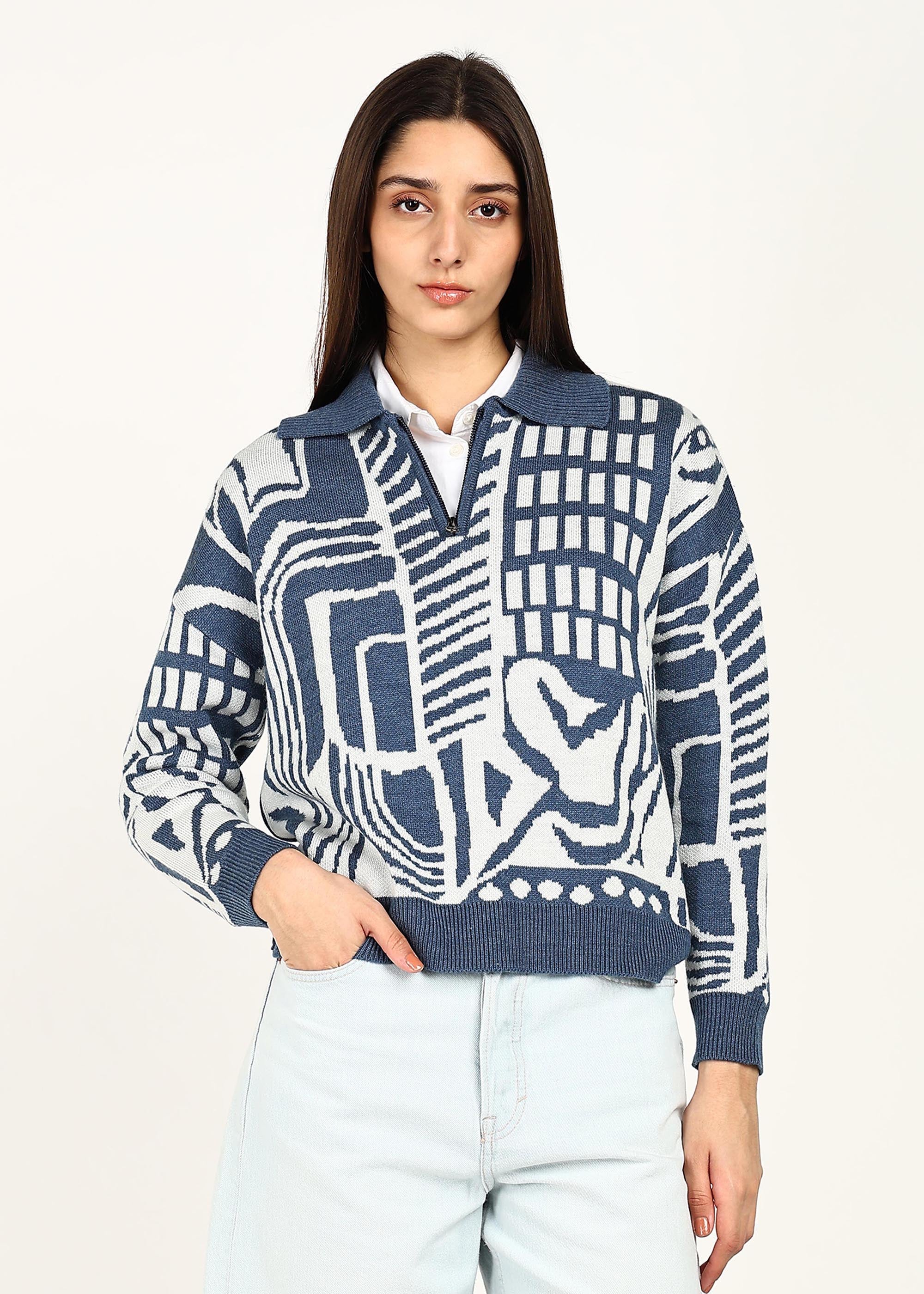 JACQUARD HALF ZIPPER - SKY BLUE / WHITE