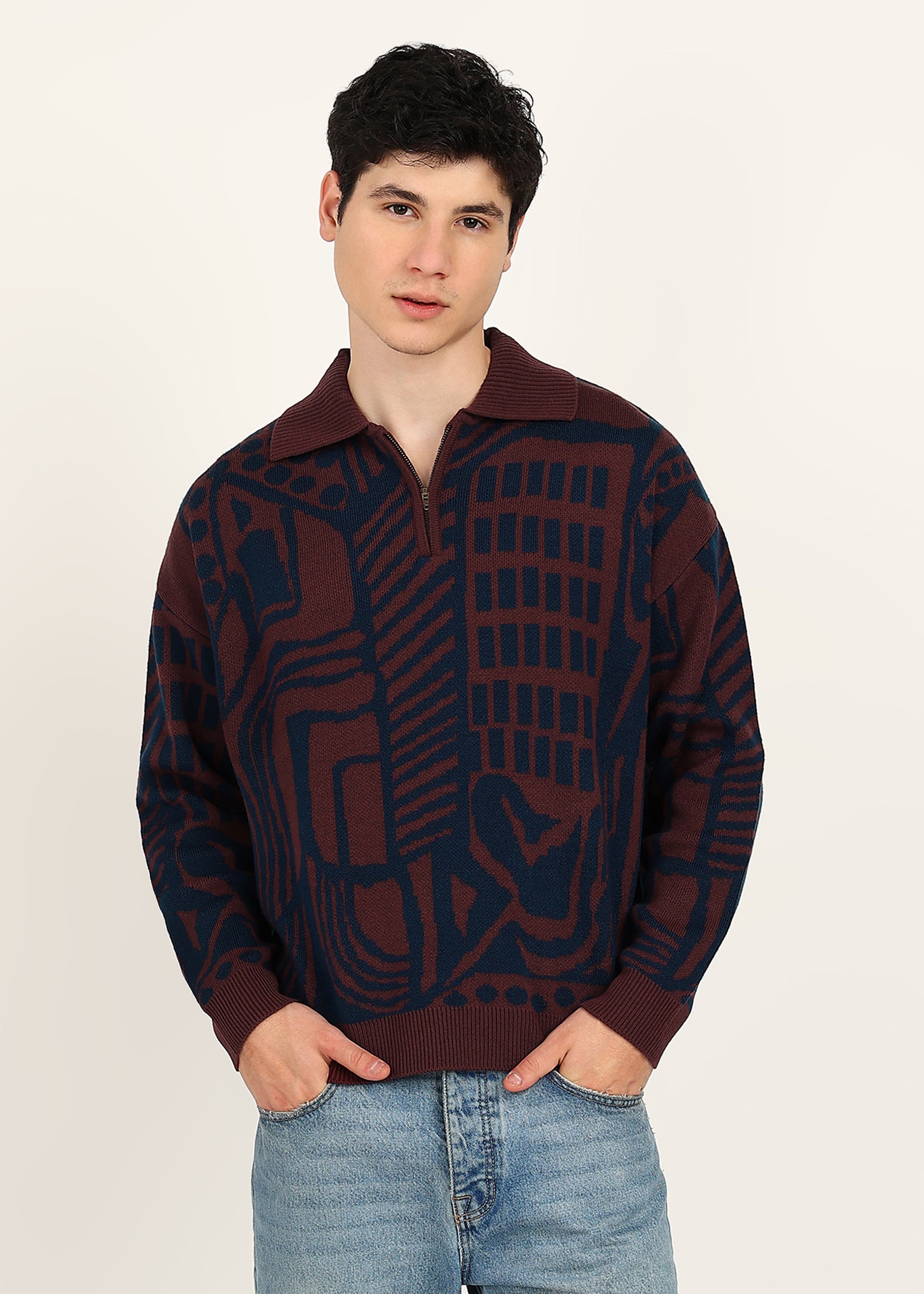 JACQUARD HALF ZIPPER - BURGUNDY / BLUE