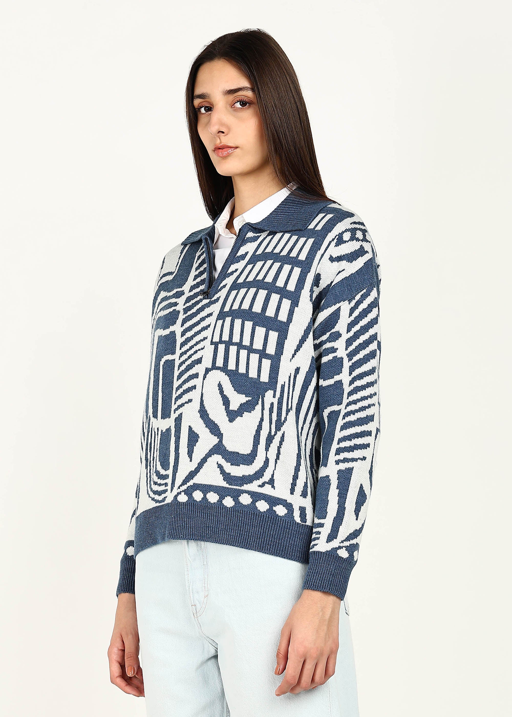 JACQUARD HALF ZIPPER - SKY BLUE / WHITE