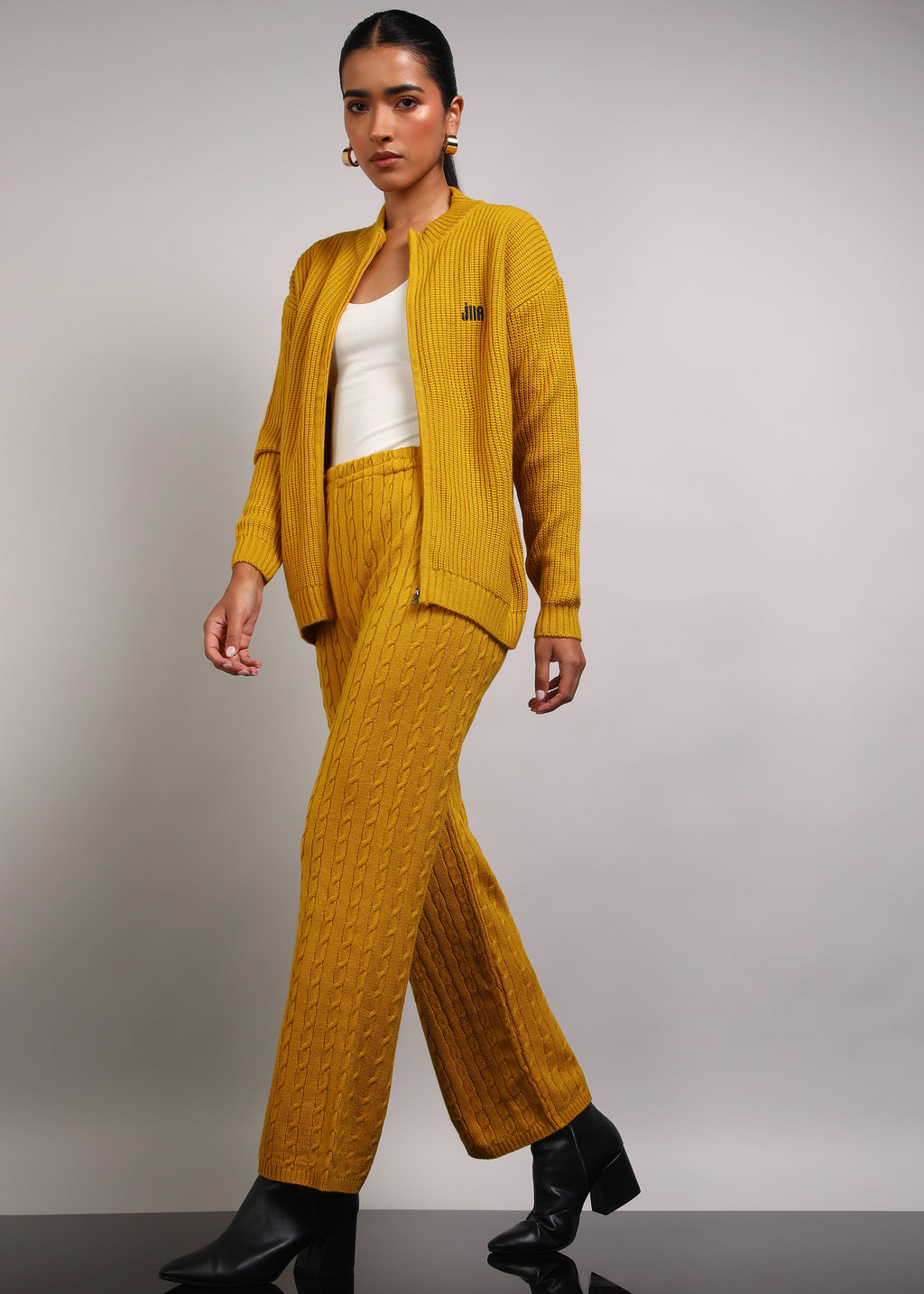 Jiia Statement Zipper And Pant Set - Mustard Yellow