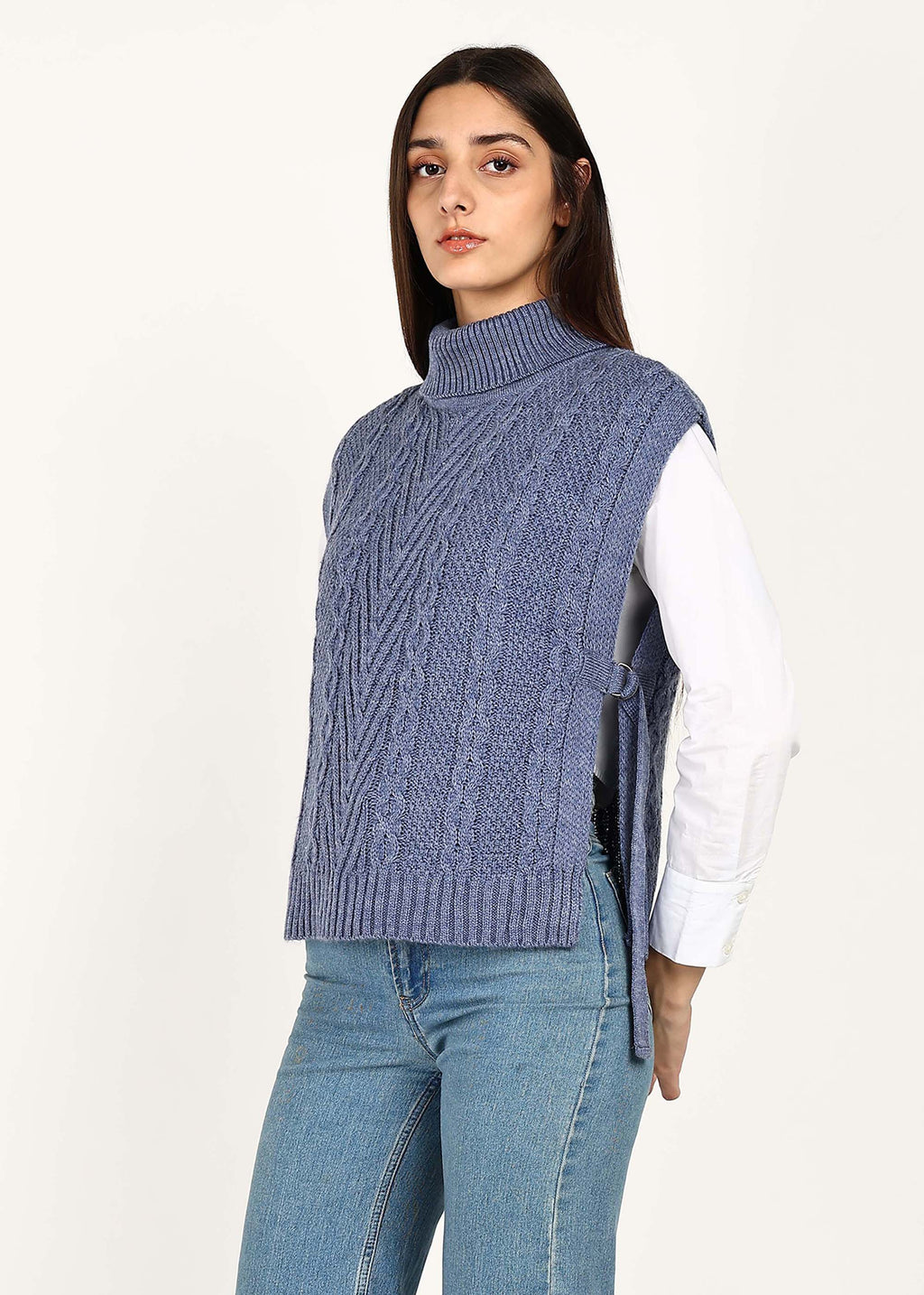 CABLE KNIT PONCHO - SKY BLUE