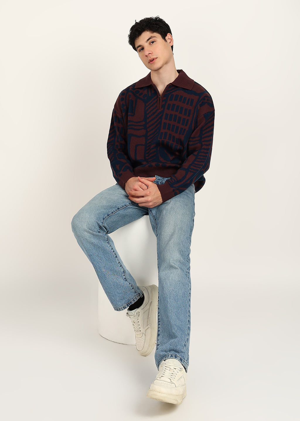 JACQUARD HALF ZIPPER - BURGUNDY / BLUE