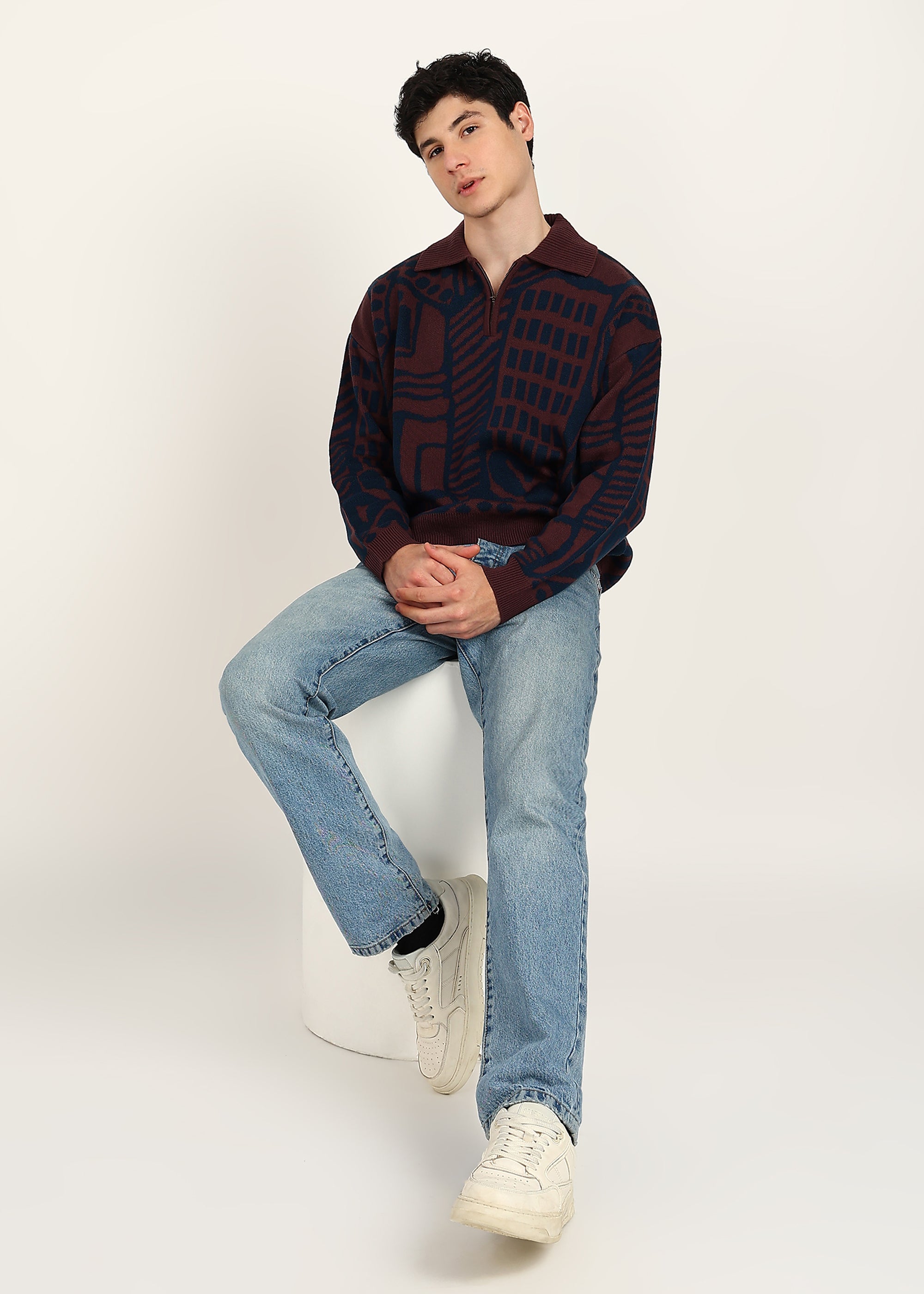 JACQUARD HALF ZIPPER - BURGUNDY / BLUE