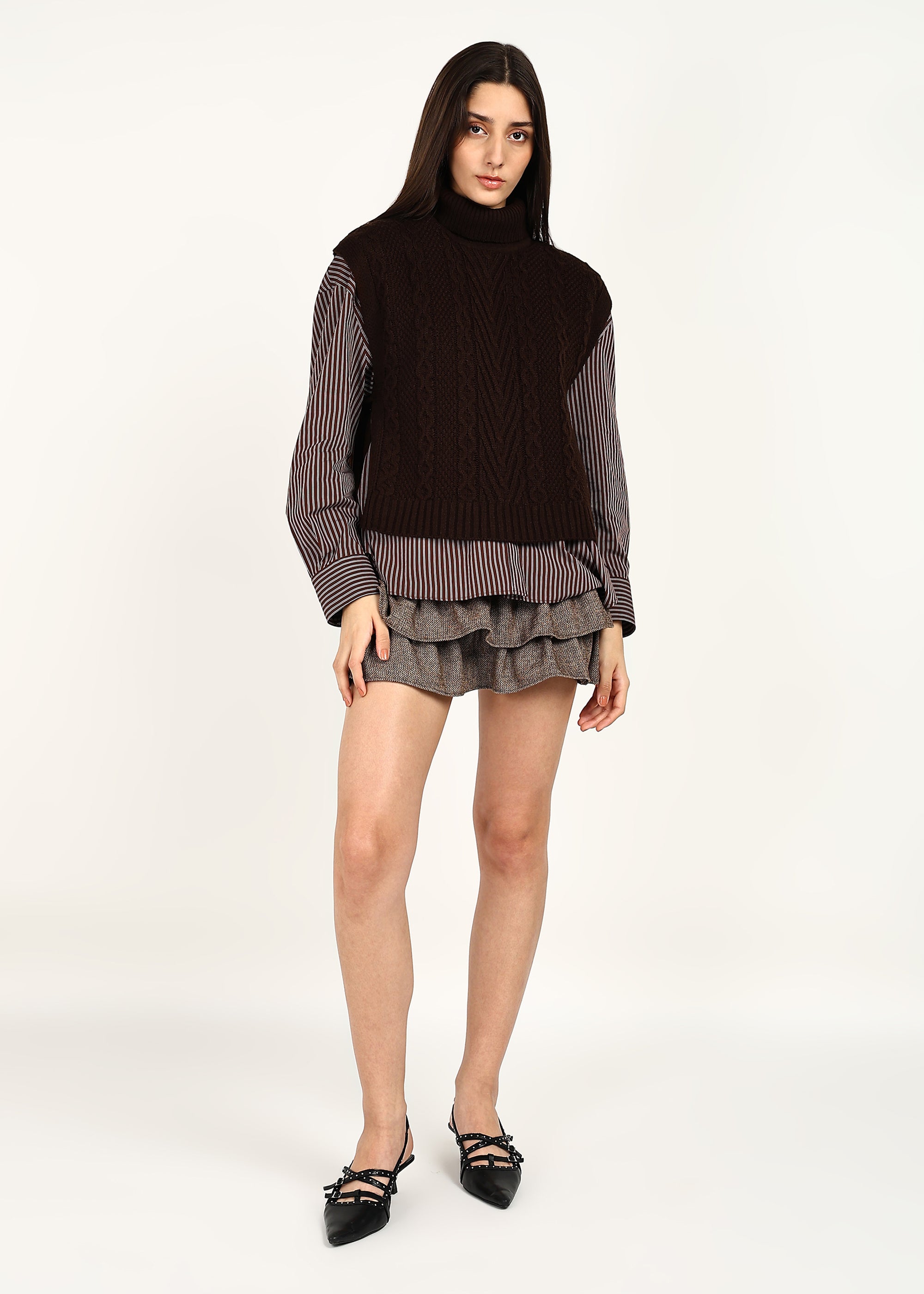 CABLE KNIT PONCHO - CHOCOLATE BROWN