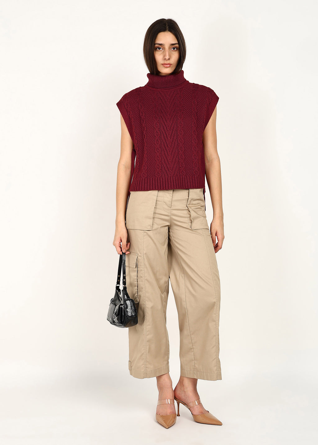 CABLE KNIT PONCHO - WINE RED
