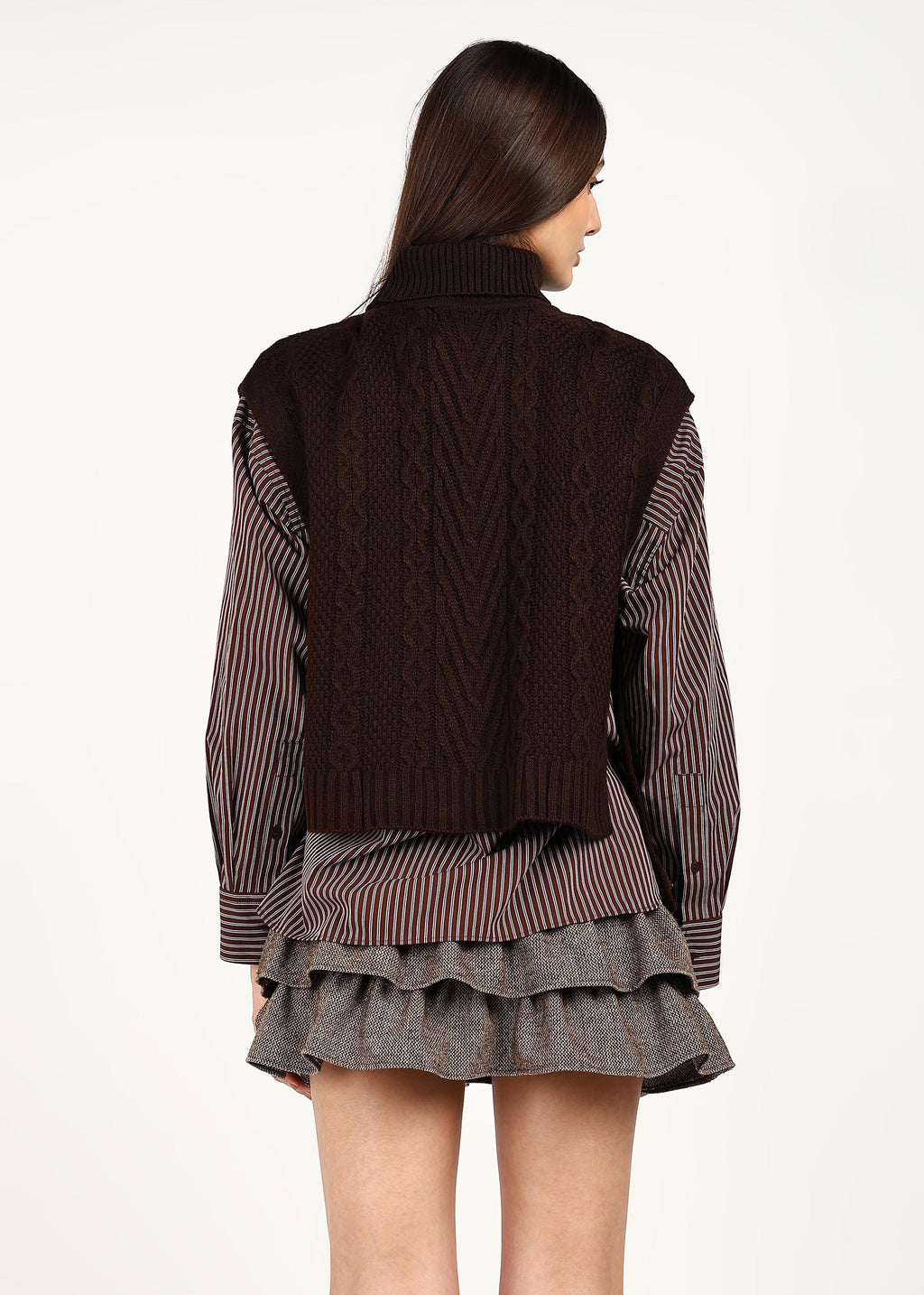 CABLE KNIT PONCHO - CHOCOLATE BROWN