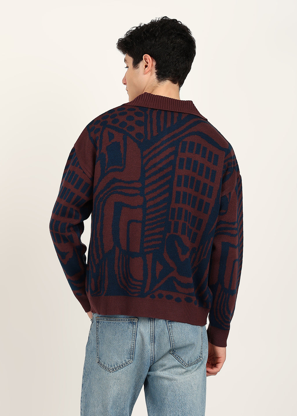JACQUARD HALF ZIPPER - BURGUNDY / BLUE