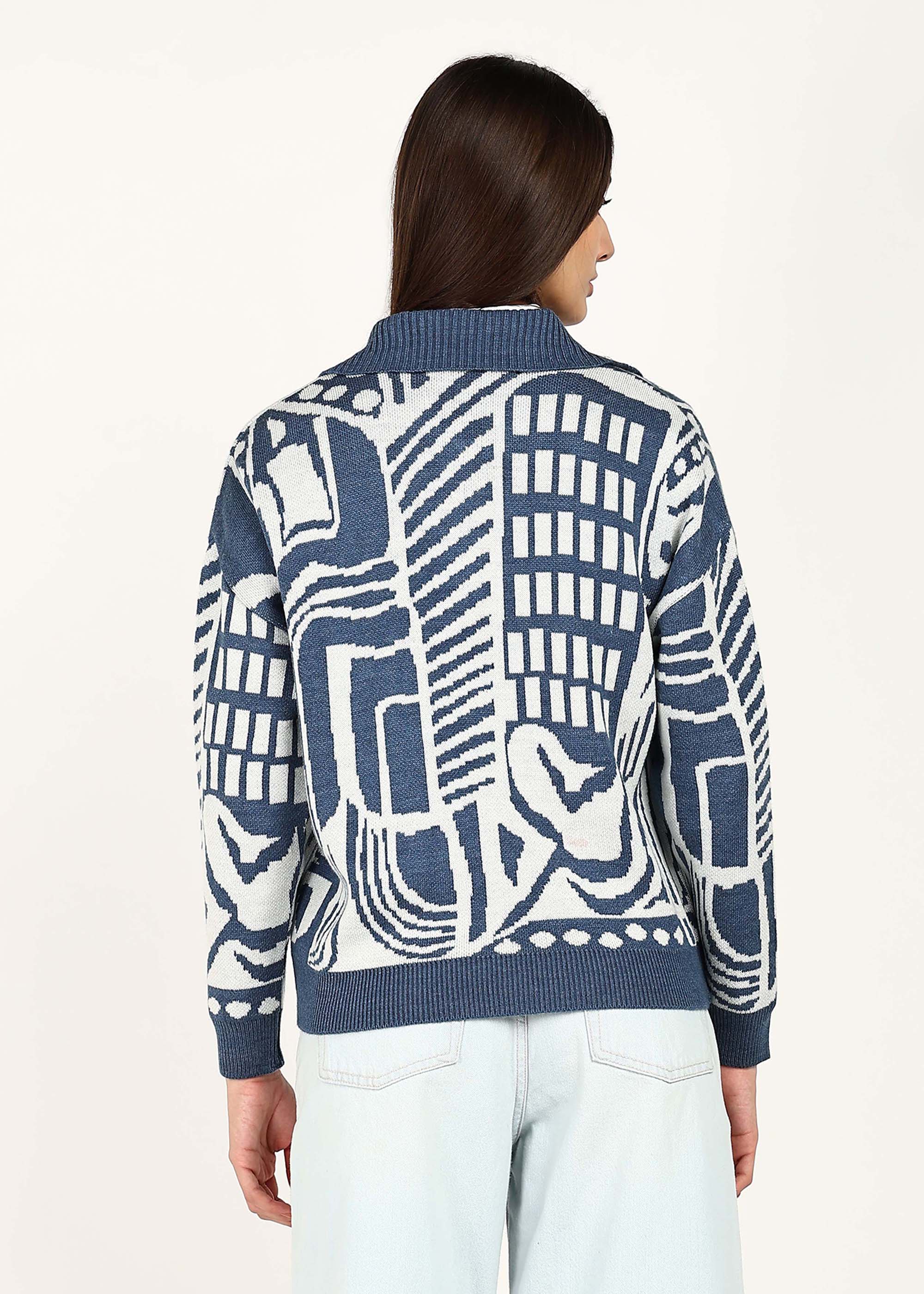 JACQUARD HALF ZIPPER - SKY BLUE / WHITE