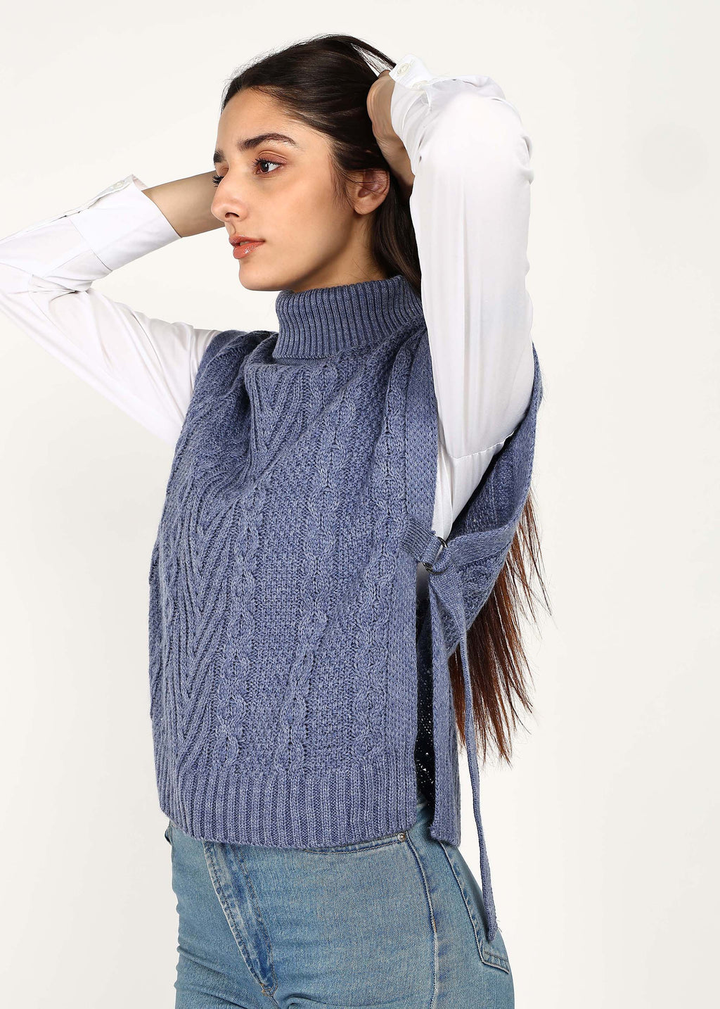 CABLE KNIT PONCHO - SKY BLUE