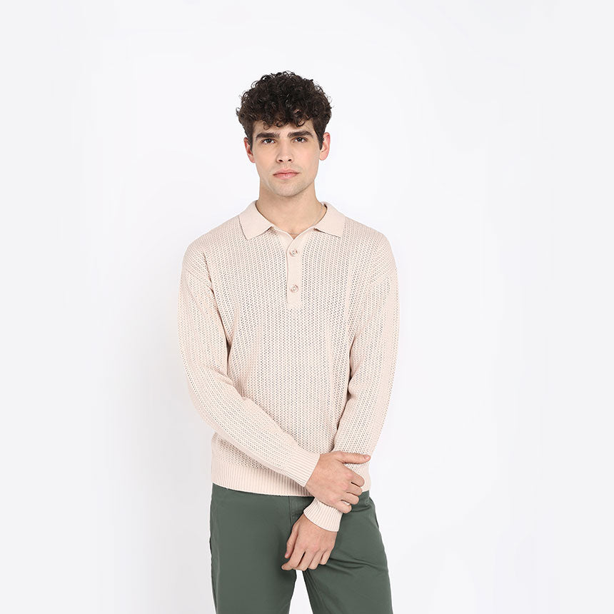 ALL OVER POINTELLE LONG SLEEVE POLO-CAMEL