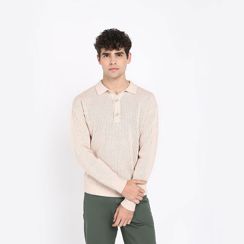 ALL OVER POINTELLE LONG SLEEVE POLO-CAMEL