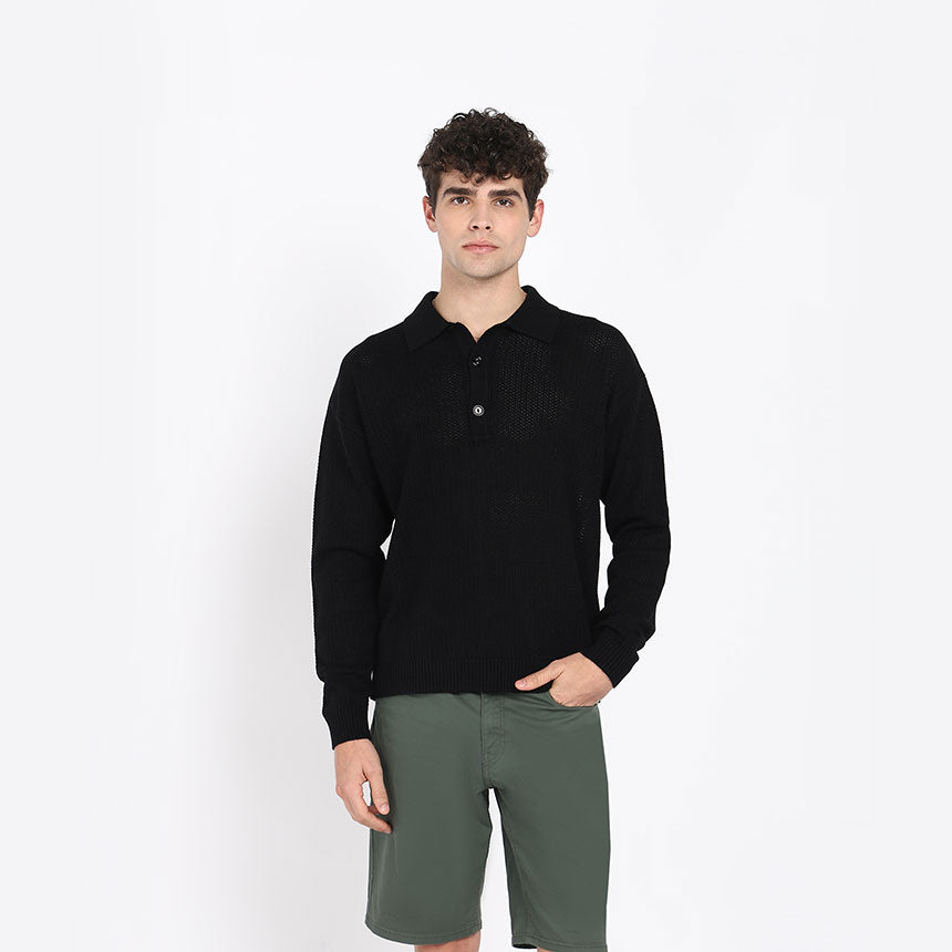 ALL OVER POINTELLE LONG SLEEVE POLO-BLACK