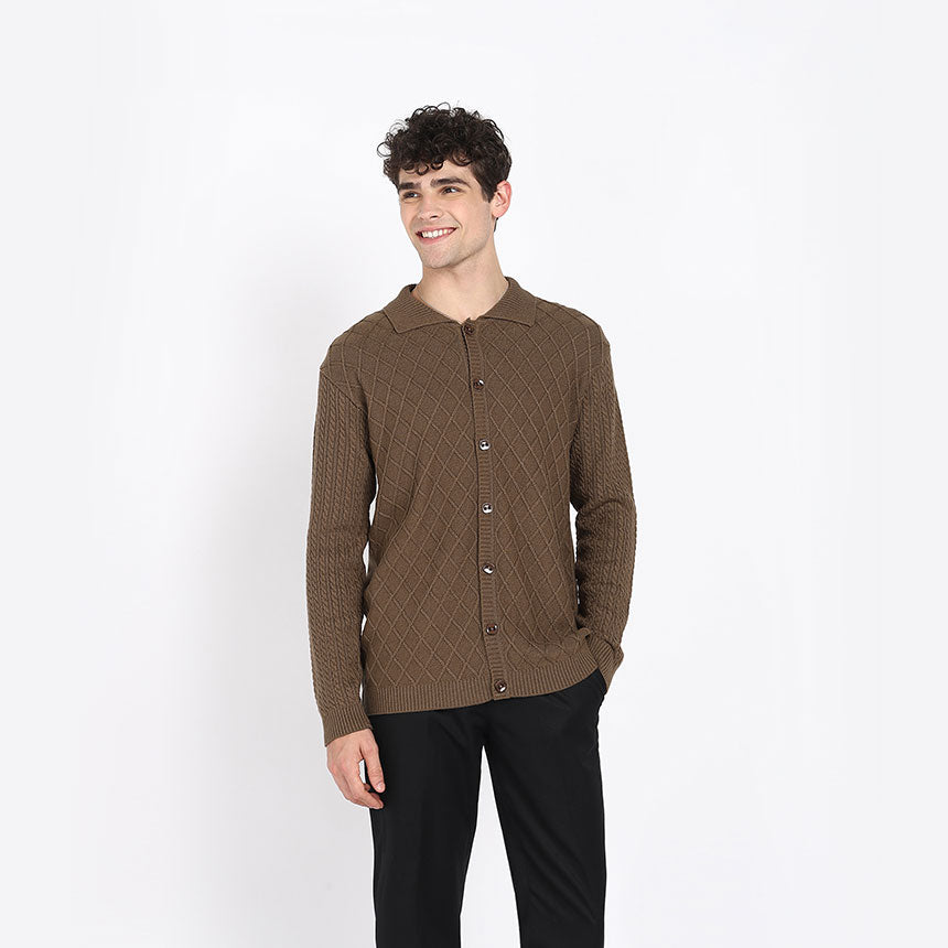 ARAN KNIT SHIRT-BROWN