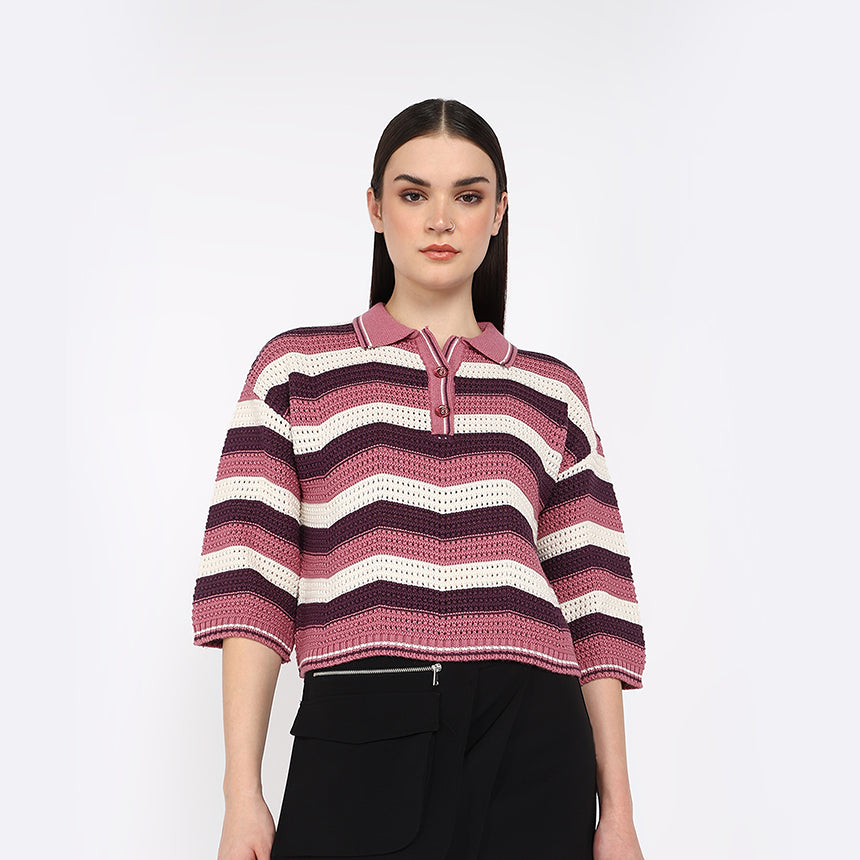 CHEVRON CROP POLO-PINK