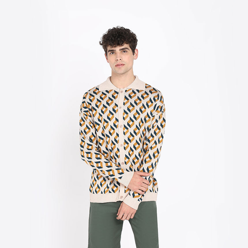 RETRO PATTERNED KNIT SHIRT-CAMEL