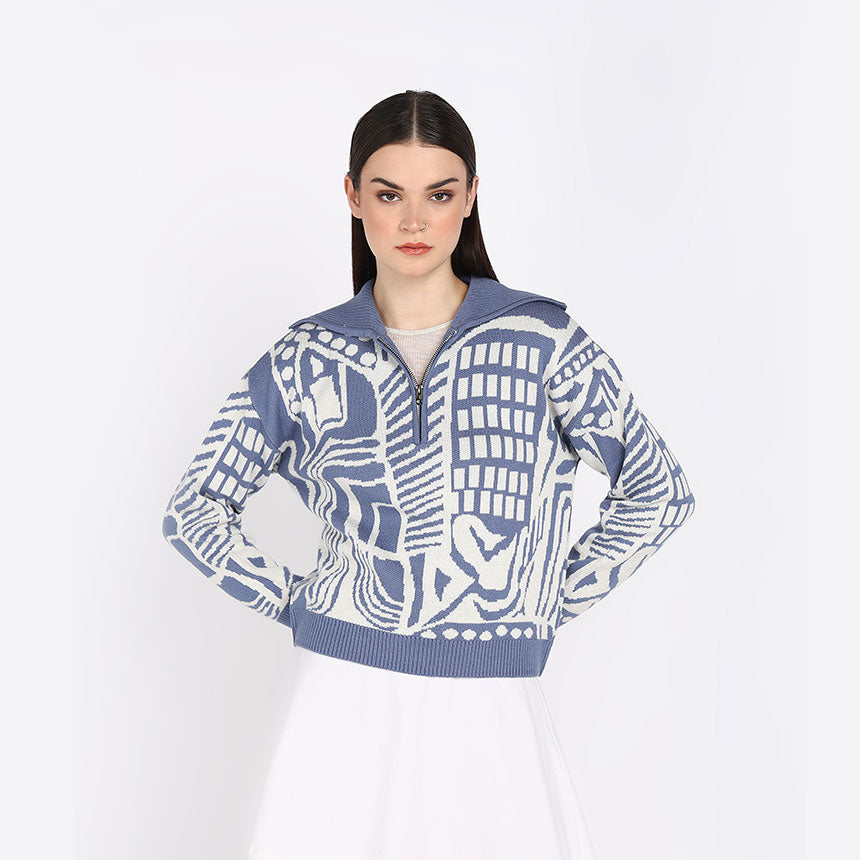 JACQUARD HALF ZIPPER-SKY BLUE