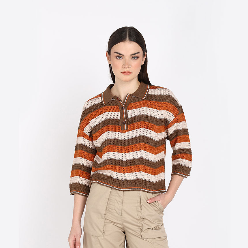 CHEVRON CROP POLO-BROWN