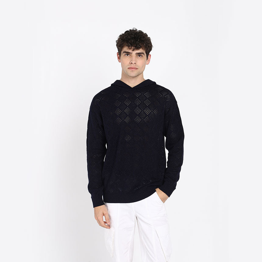GEOMETRIC POINTELLE HOODIE-NAVY