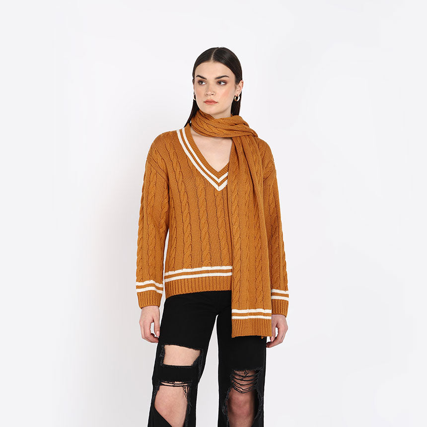 CABLE PULLOVER WITH MUFFLER-MUSTARD