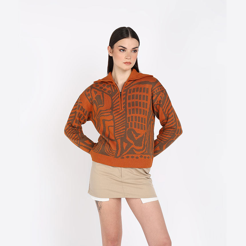 JACQUARD HALF ZIPPER-ORANGE