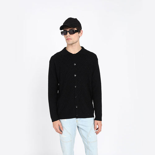ARAN KNIT SHIRT-BLACK