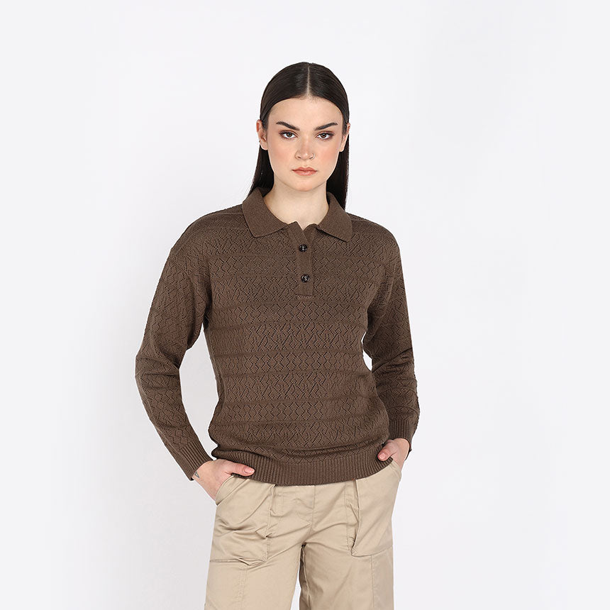 GEOMETRIC POINTELLE POLO-BROWN