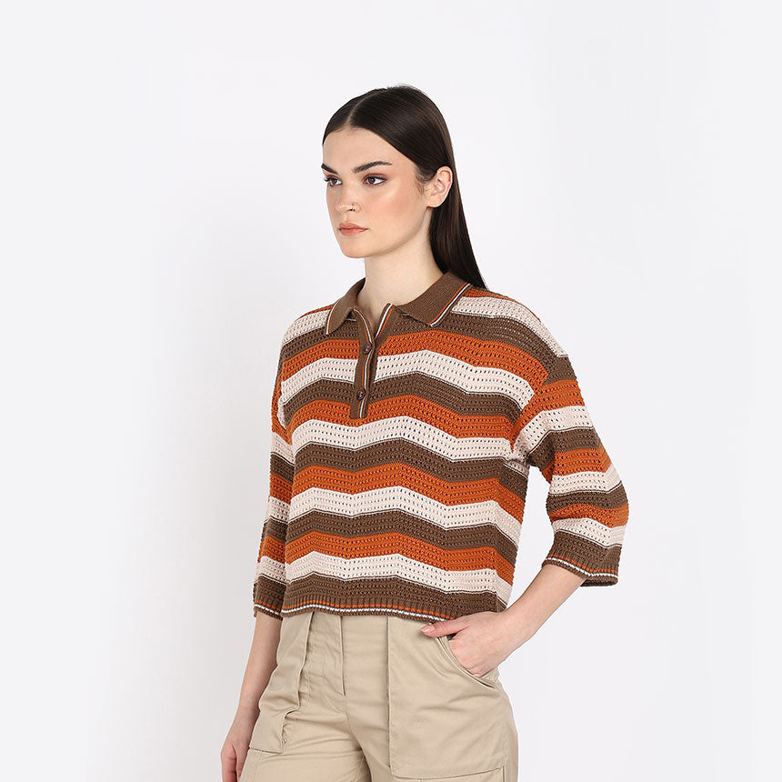 CHEVRON CROP POLO-BROWN