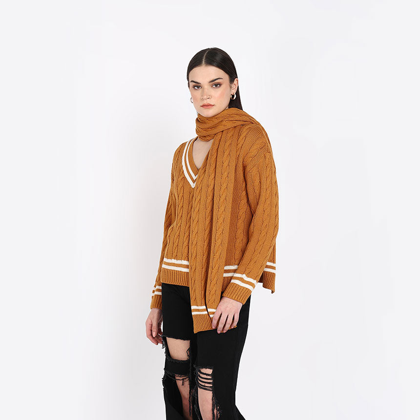 CABLE PULLOVER WITH MUFFLER-MUSTARD
