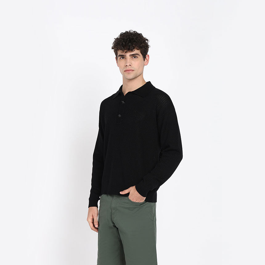 ALL OVER POINTELLE LONG SLEEVE POLO-BLACK