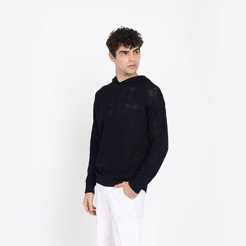 GEOMETRIC POINTELLE HOODIE-NAVY