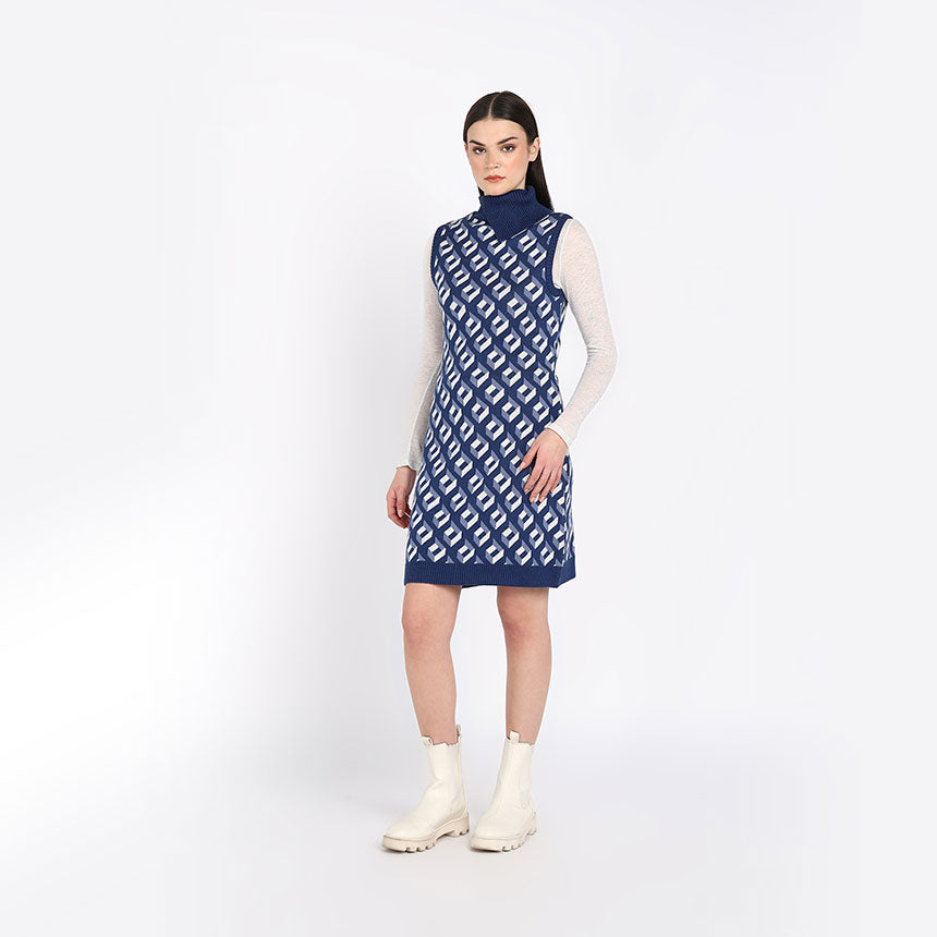 RETRO PATTERNED DRESS-BLUE