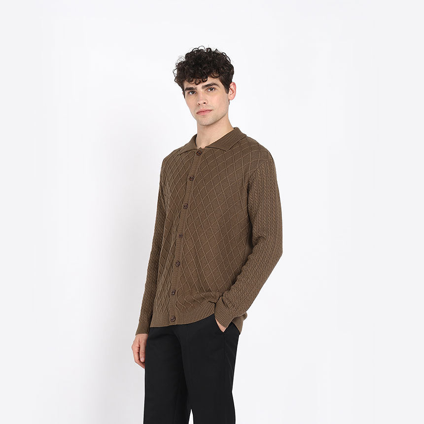 ARAN KNIT SHIRT-BROWN