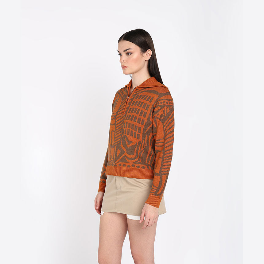 JACQUARD HALF ZIPPER-ORANGE