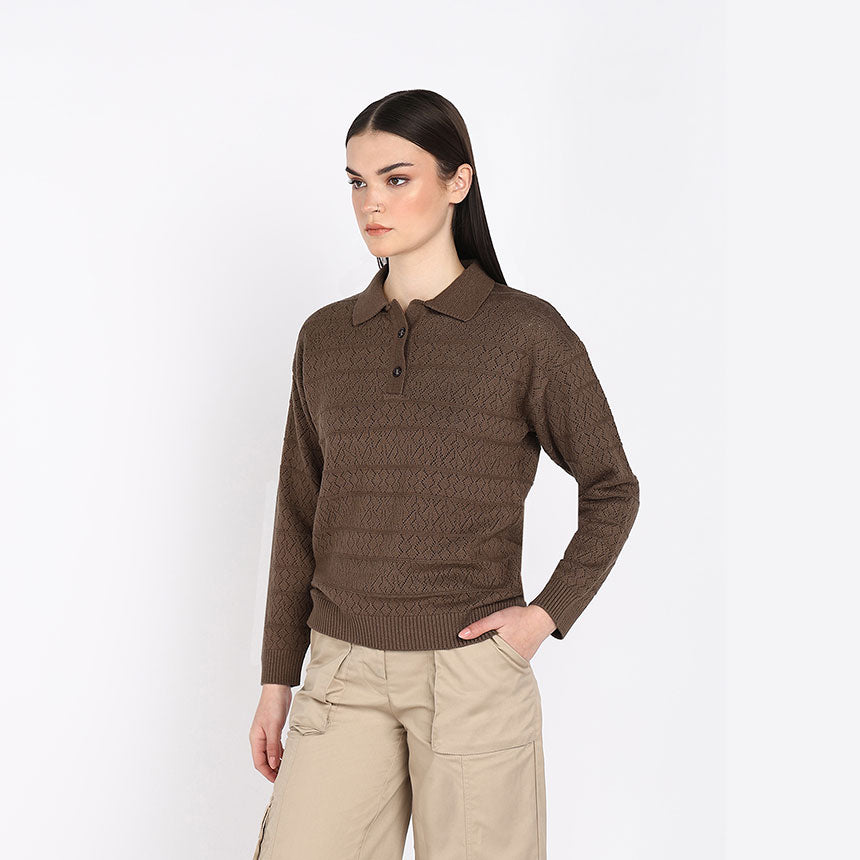 GEOMETRIC POINTELLE POLO-BROWN