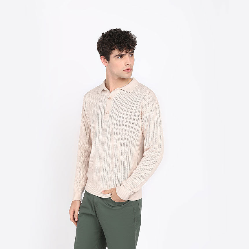 ALL OVER POINTELLE LONG SLEEVE POLO-CAMEL