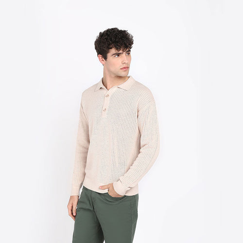 ALL OVER POINTELLE LONG SLEEVE POLO-CAMEL