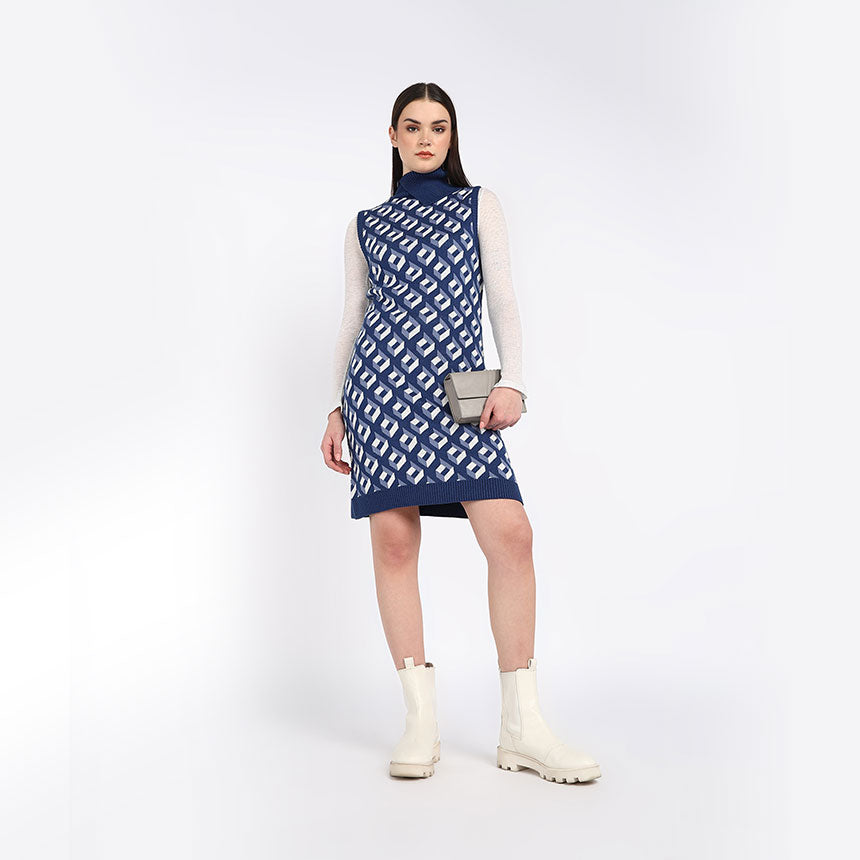 RETRO PATTERNED DRESS-BLUE