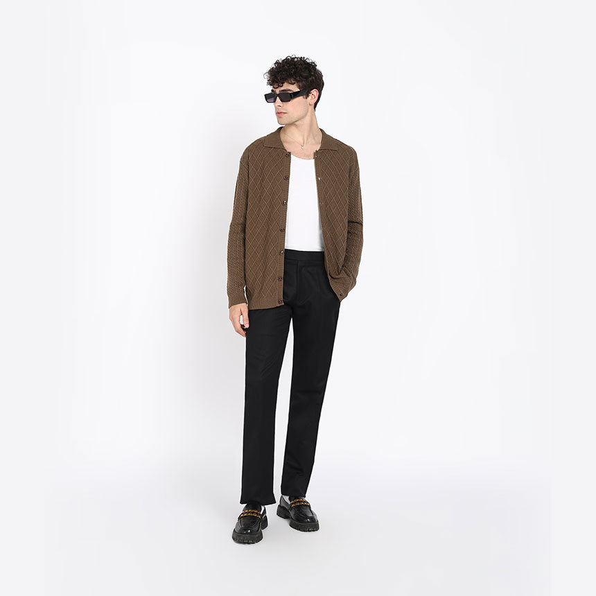 ARAN KNIT SHIRT-BROWN