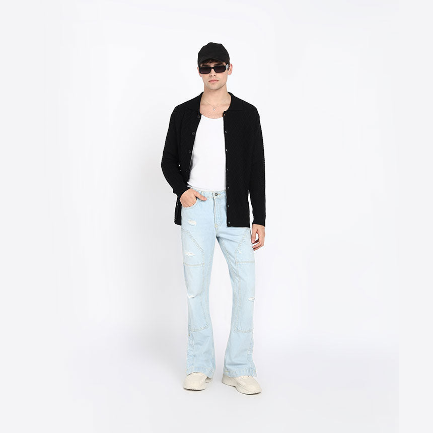 ARAN KNIT SHIRT-BLACK