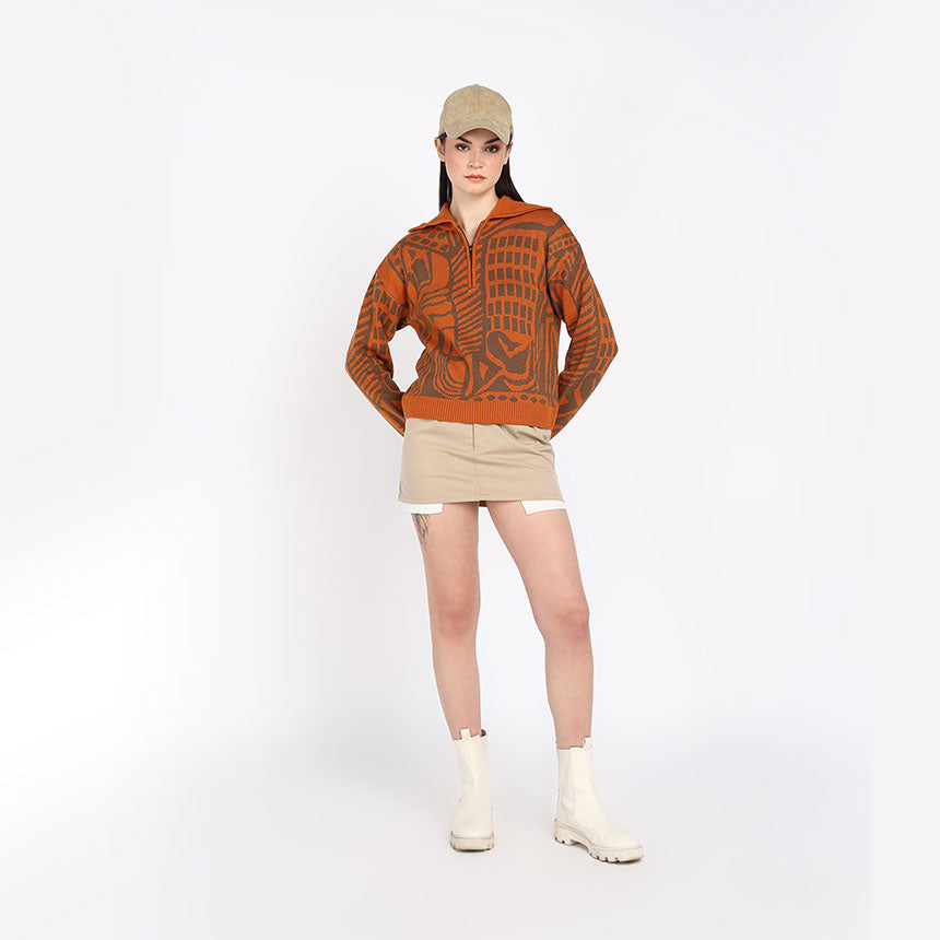 JACQUARD HALF ZIPPER-ORANGE