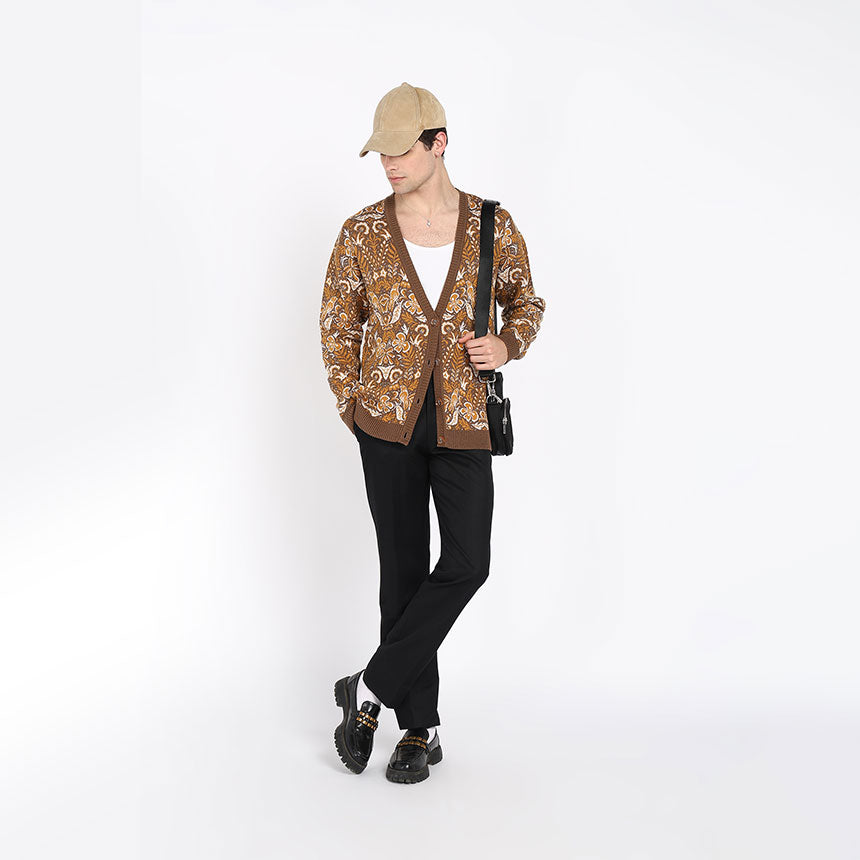 VINTAGE FLORAL CARDIGAN-BROWN