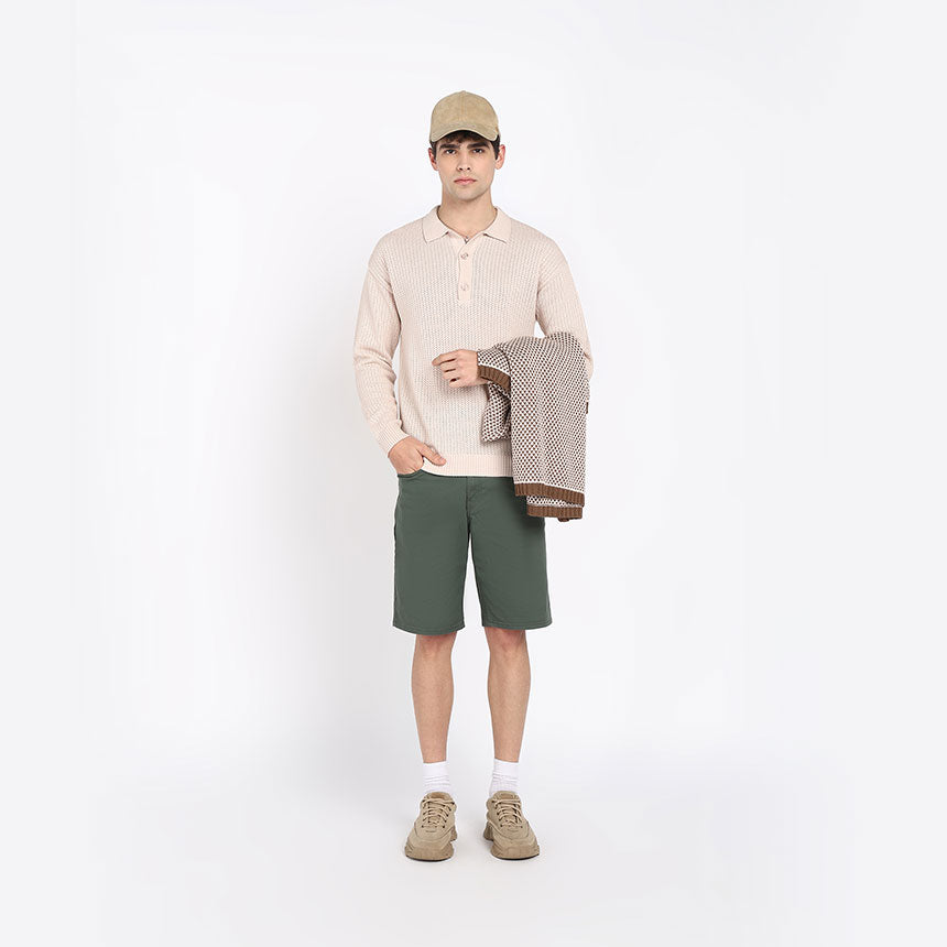 ALL OVER POINTELLE LONG SLEEVE POLO-CAMEL