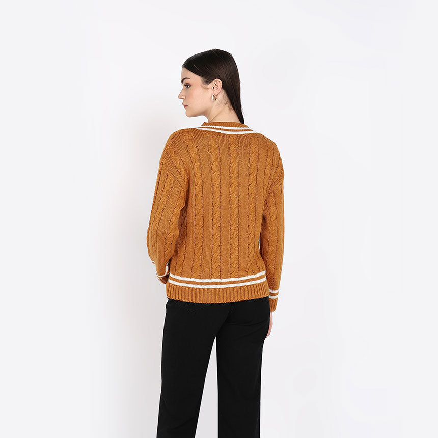 CABLE PULLOVER WITH MUFFLER-MUSTARD