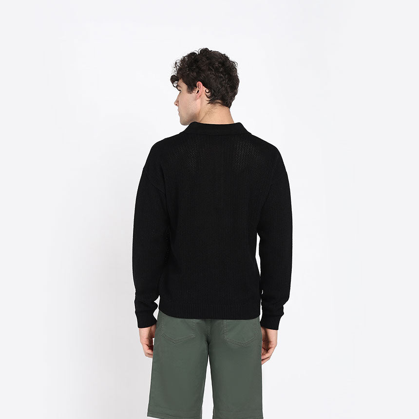 ALL OVER POINTELLE LONG SLEEVE POLO-BLACK
