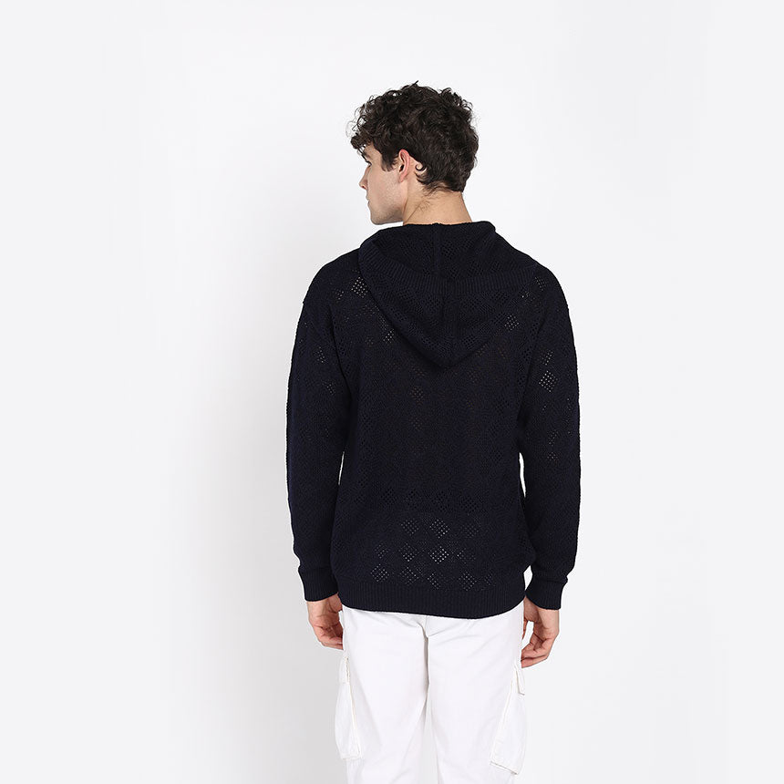 GEOMETRIC POINTELLE HOODIE-NAVY