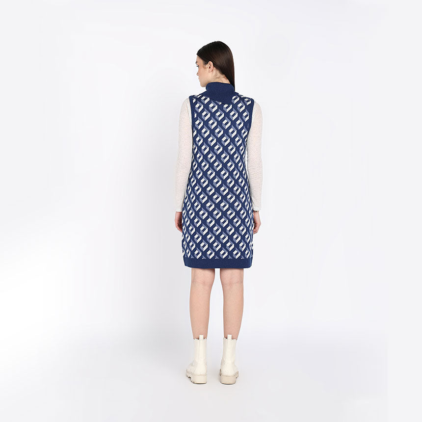 RETRO PATTERNED DRESS-BLUE