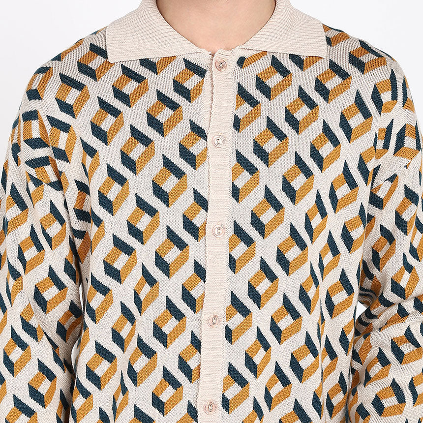 RETRO PATTERNED KNIT SHIRT-CAMEL
