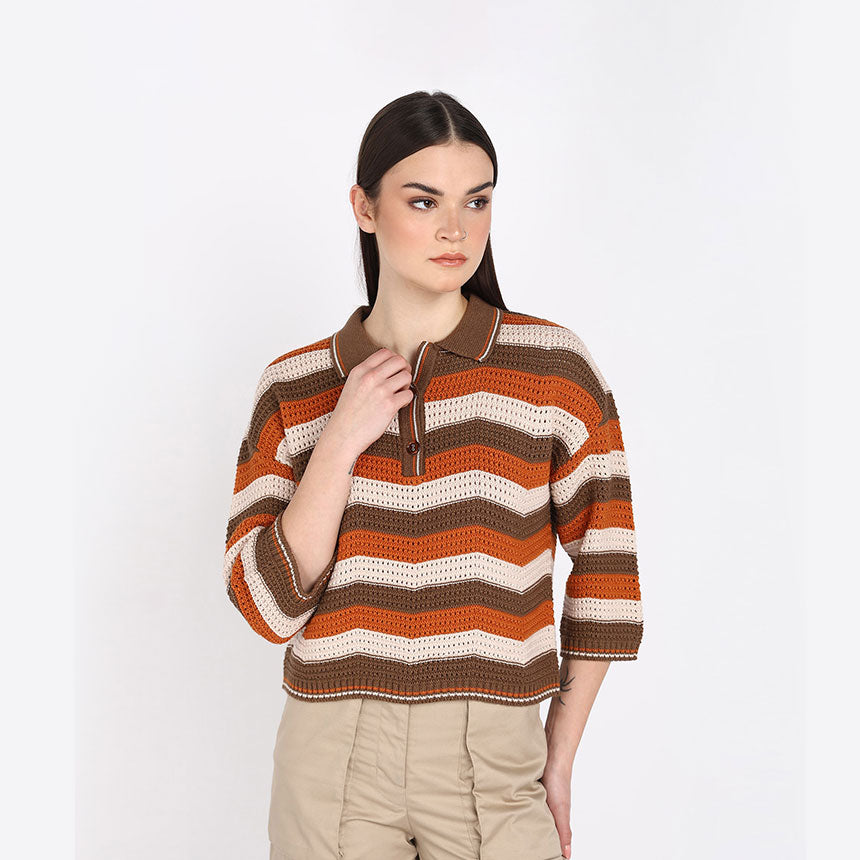 CHEVRON CROP POLO-BROWN