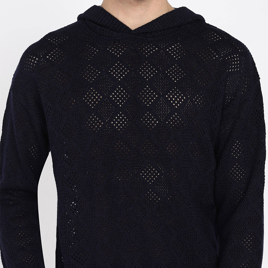 GEOMETRIC POINTELLE HOODIE-NAVY